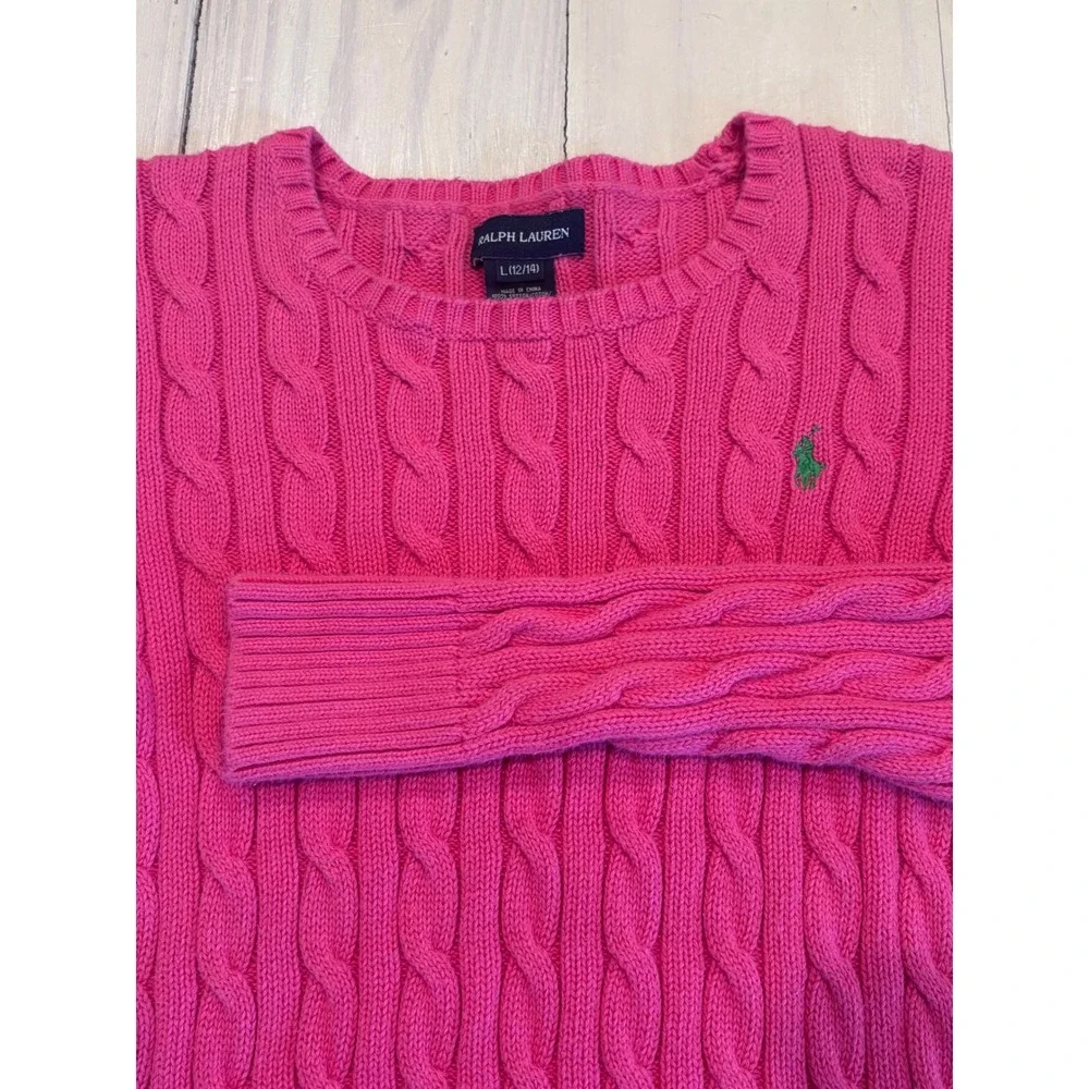 Ralph Lauren Girls Pink Cable Knit Cotton Sweater Green Pony Logo L 12/14 Peppy